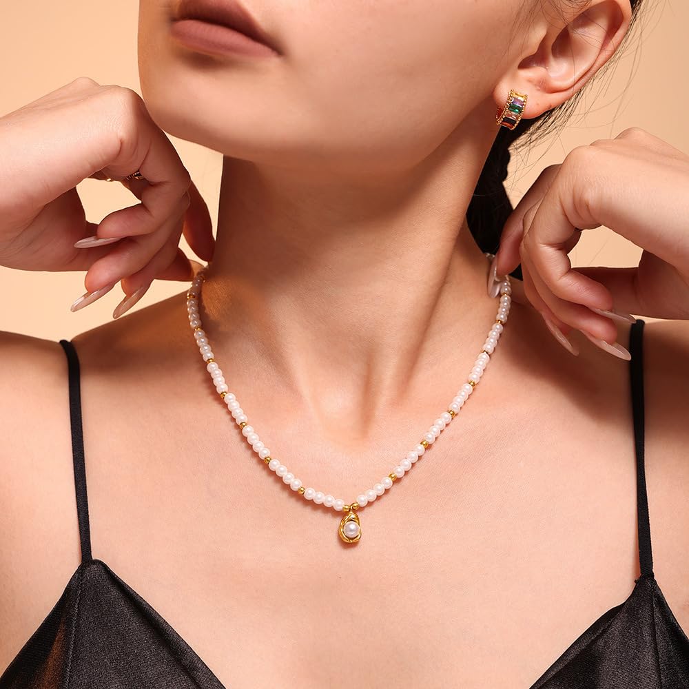 18K Yellow Gold Pearl Love Choker Necklace,Freshwater Cultured Pearl Pendant Necklaces,Fashion Jewelry for Women (Style 2, 18K Gold)