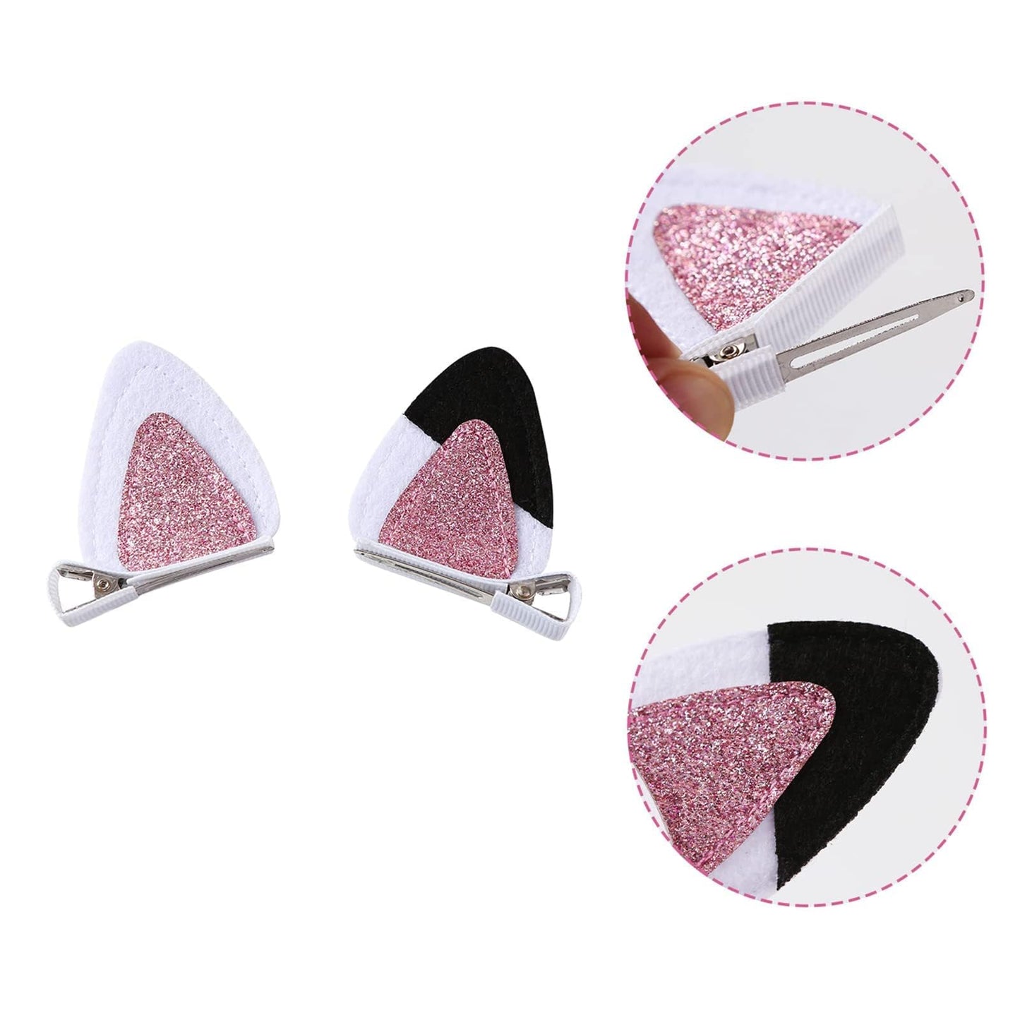 Cat Ears Hair Clips for Girls Cute Glitter Accessories Toddlers Pins Halloween Costume Party Supplies White & Pink 2 Count (Pack of 1)