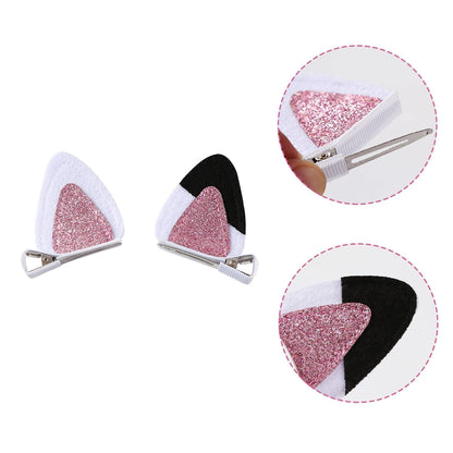 Cat Ears Hair Clips for Girls Cute Glitter Accessories Toddlers Pins Halloween Costume Party Supplies White & Pink 2 Count (Pack of 1)