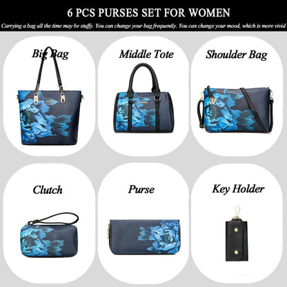 2E-youth Women's Set Tote Handbag Satchel Shoulder Bag Purse, 1d-Black&Blue, L