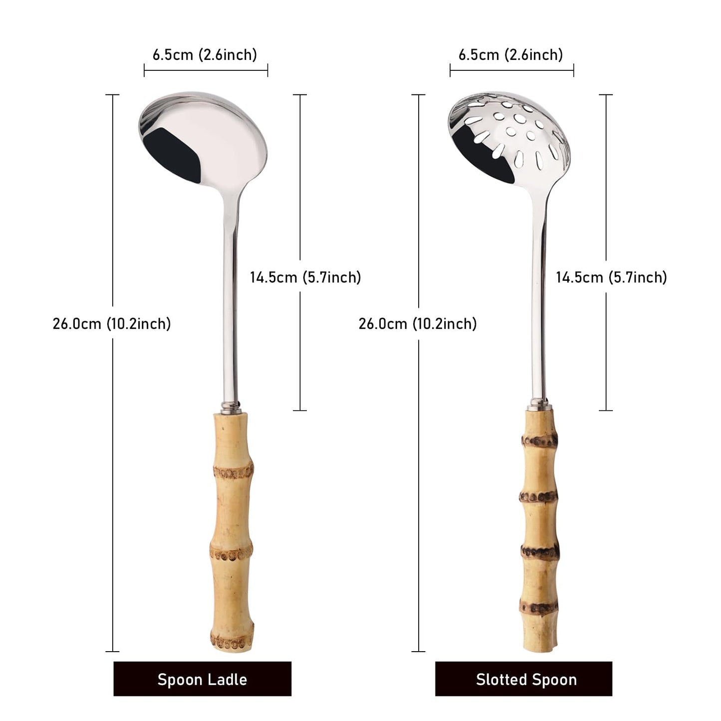 Uniturcky Soup Ladle and Slotted Spoon Set, 304 Stainless Steel Serving Utensils with Natural Bamboo Handle, Soup Spoons For Serving Gravy Hot Pot Or Restaurant, 10.2 Inch, 4 PCS / 2 of Each