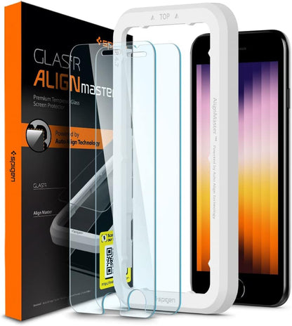 Spigen Tempered Glass Screen Protector [GlasTR AlignMaster] designed for iPhone SE 3 (2022), iPhone SE 2 (2020), iPhone 8, iPhone 7 (2 Pack)