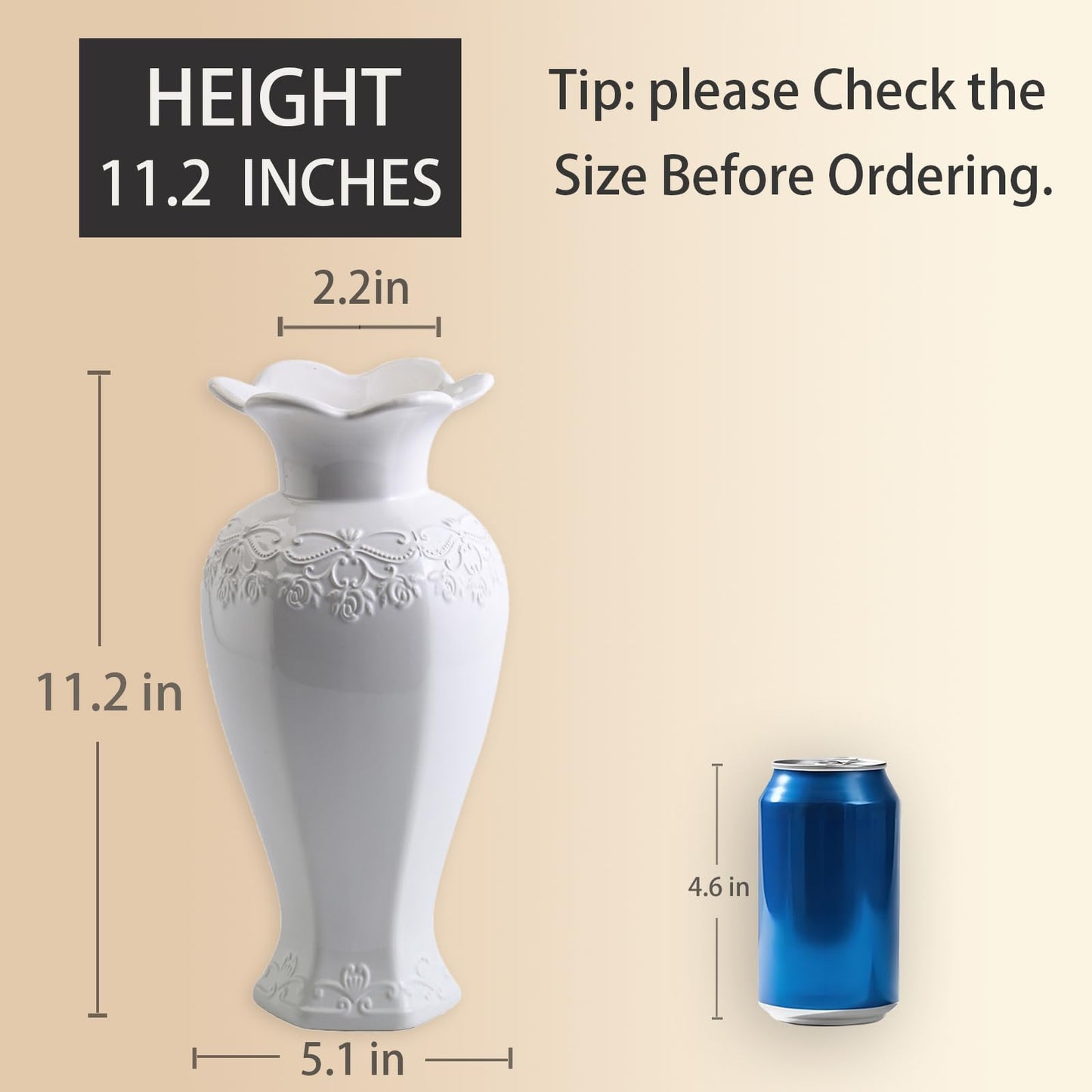 Seasonsplan Relievo Elegant White Cream 8in 11in Ceramic Flower Tall Aesthetic Beige Table Tulip Wide Mouth Rose Filler Decorative Rustic Vase Decor for Home (White Vase, L)