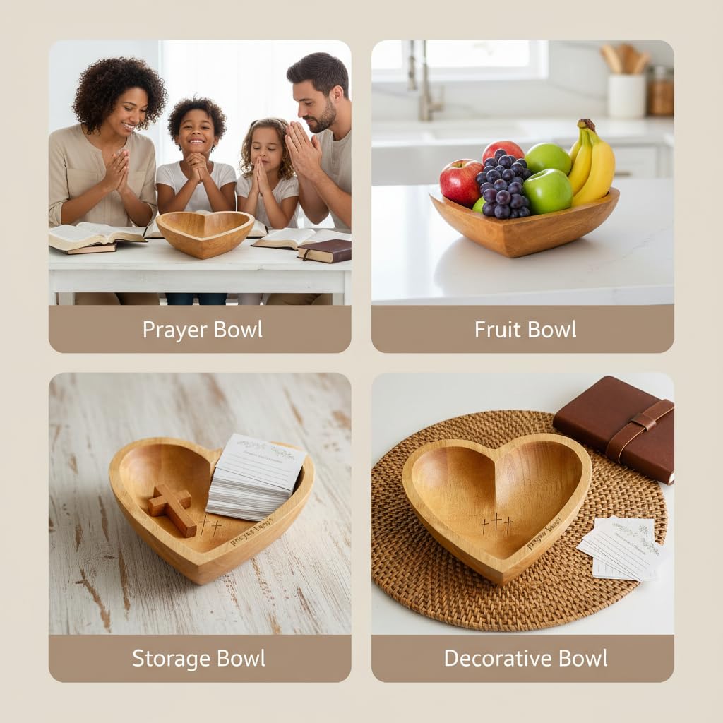 Prayer Bowl with 24 Blessing Cards,Christian Gifts for Women Men, Heart Wood Prayer Dough Bowl, Decor Bowl, Mothers Day Gifts, Birthday, Retirement, Religious Gift for Mom Dad with Storage Bag