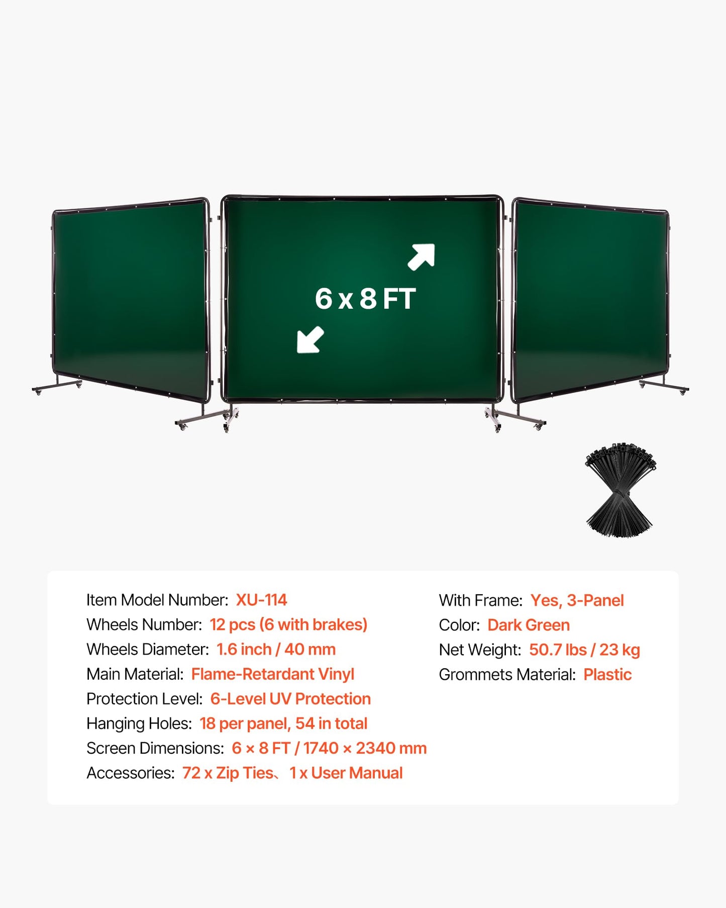 VEVOR Welding Screen with Frame, 3-Panel 6 x 8 FT Welding Curtain Screen, Flame-Resistant Vinyl Safety Protection Screens with 12 Wheels & 6-Level UV Protection for Workshop/Industrial Use, Dark Green