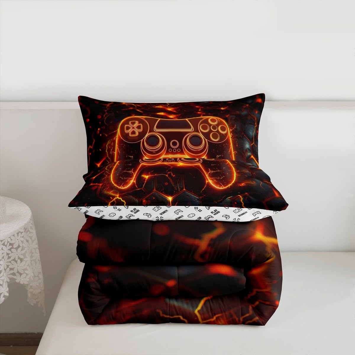Manfei Gaming Gamepad Kids Comforter Set Twin Size,Modern Video Games Controller Bedding Set,Boys Men Room Decor,Neon Geomotric Honeycomb Hexagon Down Comforter,Black Orange Duvet Insert,1 Pillowcase