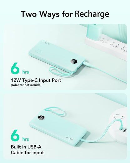 VRURC Portable Charger with Built in Cables, Slim Power Bank 10000mAh, USB C Battery Pack Travel Essential, 5 Outputs 2 Inputs Phone Charging Bank for iPhone 16 15 14 13,Samsung,Android-Black(1 Pack)