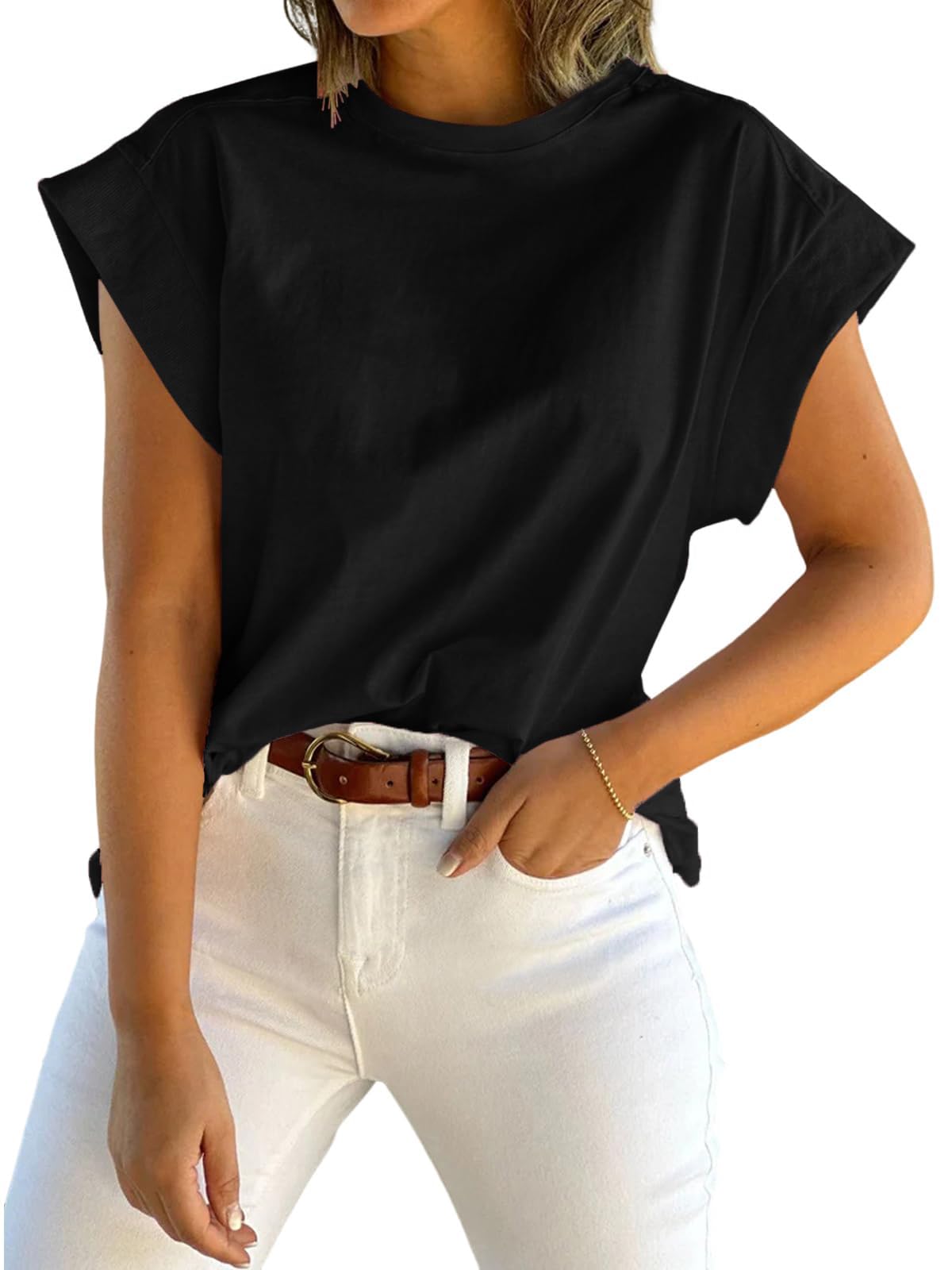 ZDC Women's Cap Sleeve Tank Tops Summer Crew Neck T Shirts Basic Loose Fit Solid Tee Black