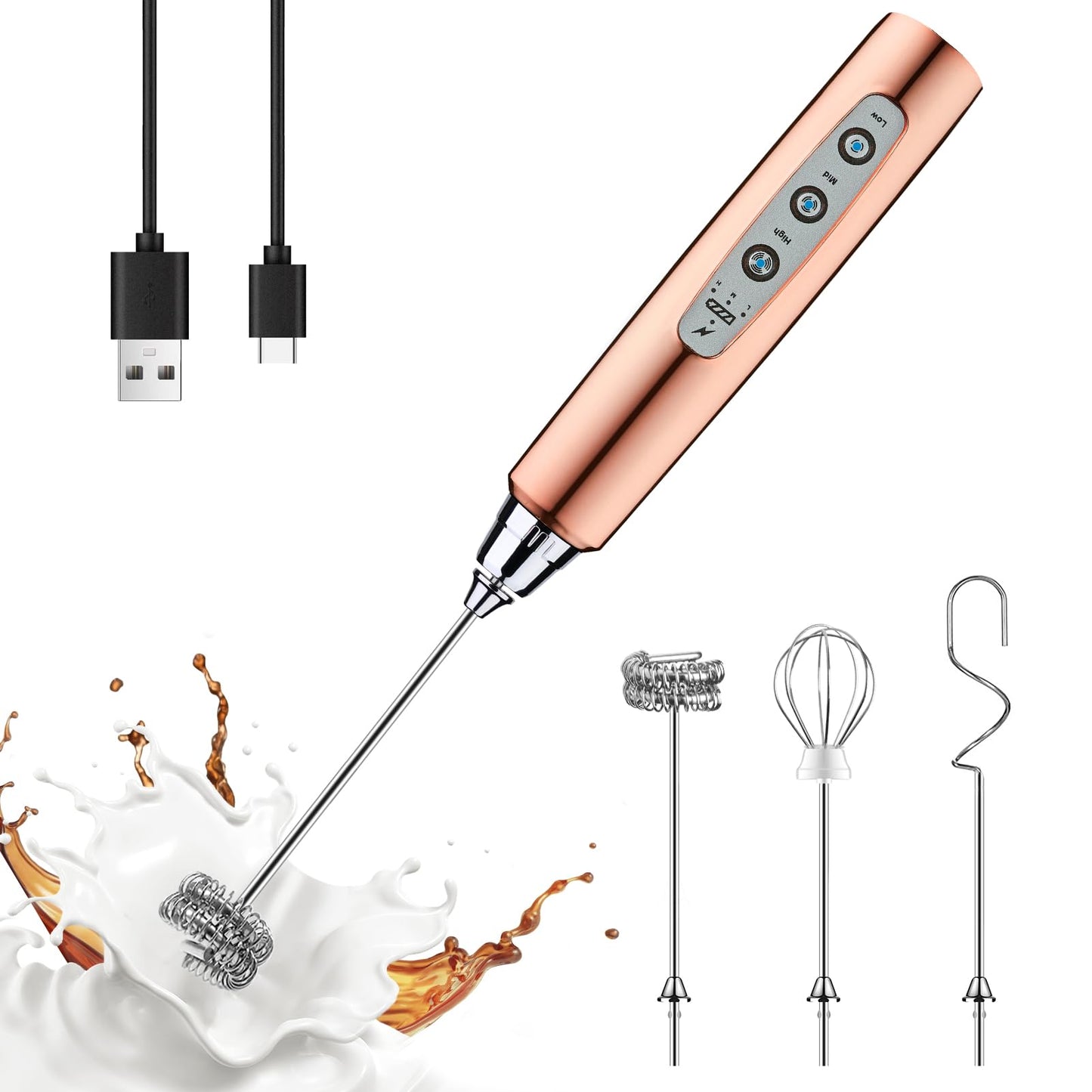 YUSWKO Black Handheld Milk Frother Wand for Coffee, Rechargeable Electric Whisk with 3 Heads 3 Speeds Drink Mixer Coffee Frother For Latte, Cappuccino, Hot Chocolate, Egg