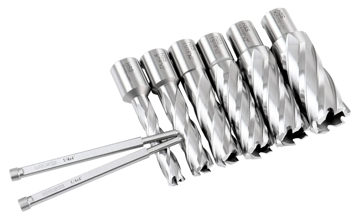 Accusize Industrial Tools H.S.S. Annular Cutter Set, 2'' Cutting Depth, 7/16'' - 1-1/16'' Slugger Cutter, 8 Pcs/Set, HSS2-0000