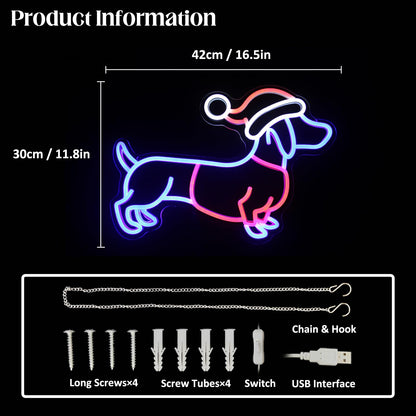 Dachshund Neon Sign Christmas Hat Neon LED Sign Weiner Dog Neon Lights for Bedroom Puppy LED Sign Animal Wall Art Cute Dog Neon Light Up Sign for Pet Shop Party Decor Christmas Gift