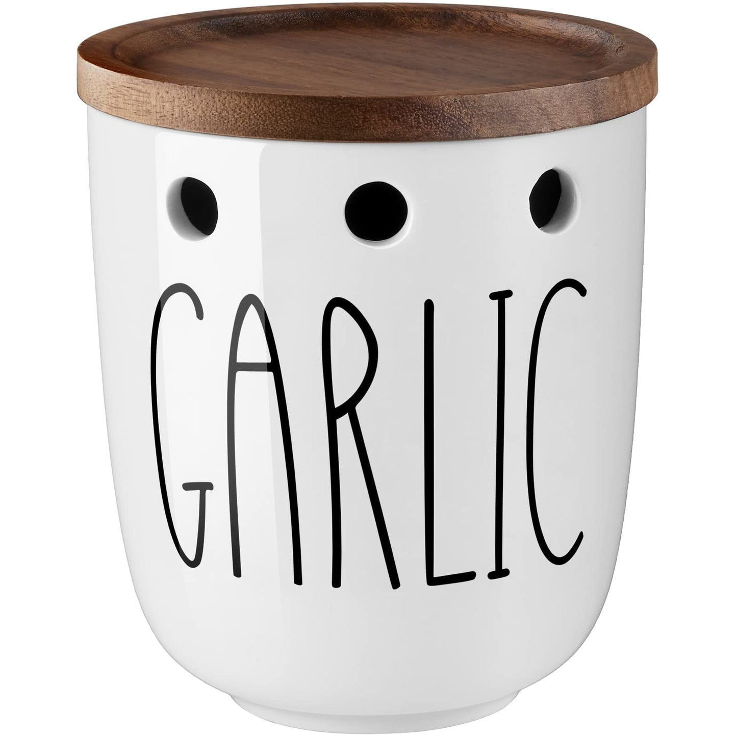 DAYYET Garlic Keeper for Counter, Ceramic Garlic Keeper with Non-Sealed Acacia Wood Lid, Garlic Holder Storage Container to Keep Your Garlic Cloves Fresh Longer, Garlic Saver for Kitchen, White