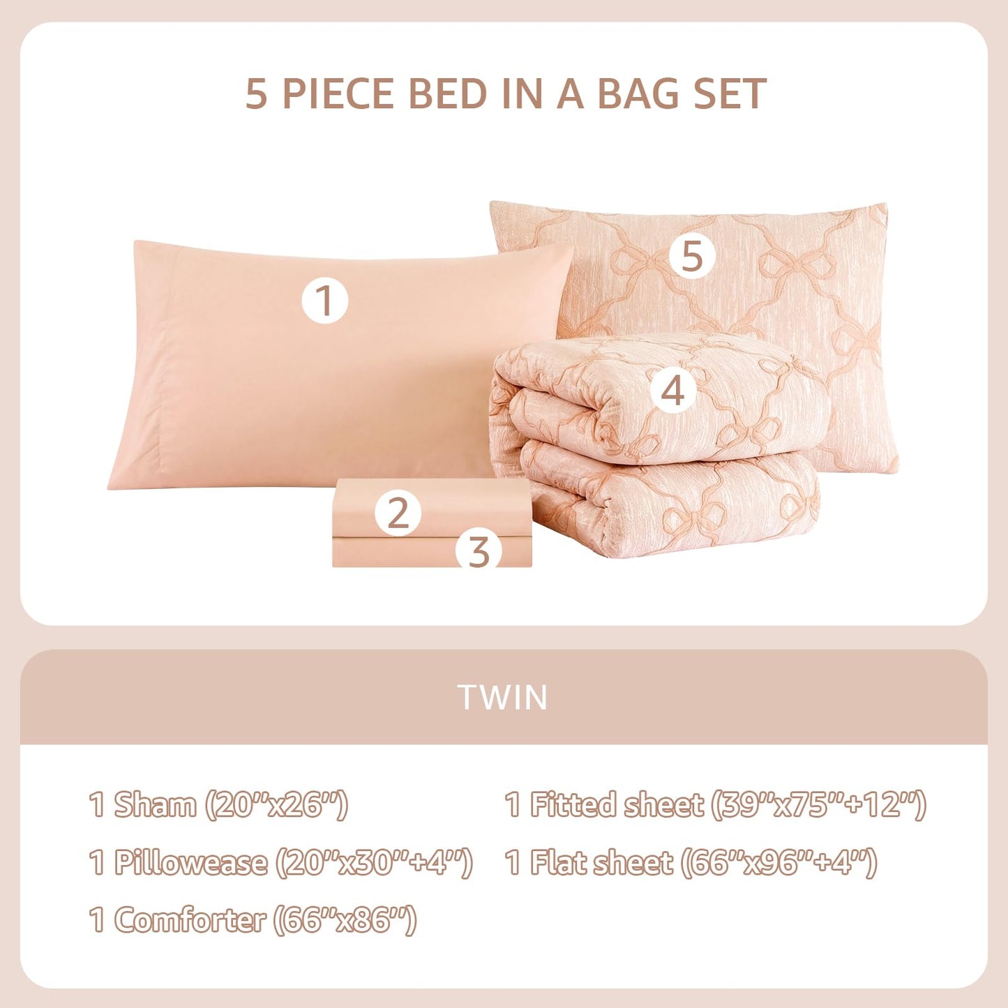 Wink Deer Twin Comforter Set with Sheets for Girls-5 Pieces Twin Bedding Sets with Orange Pink Comforter, Sheets, Pillowcase & Sham for Kids (Orange Pink Diamond, 66" X 86")