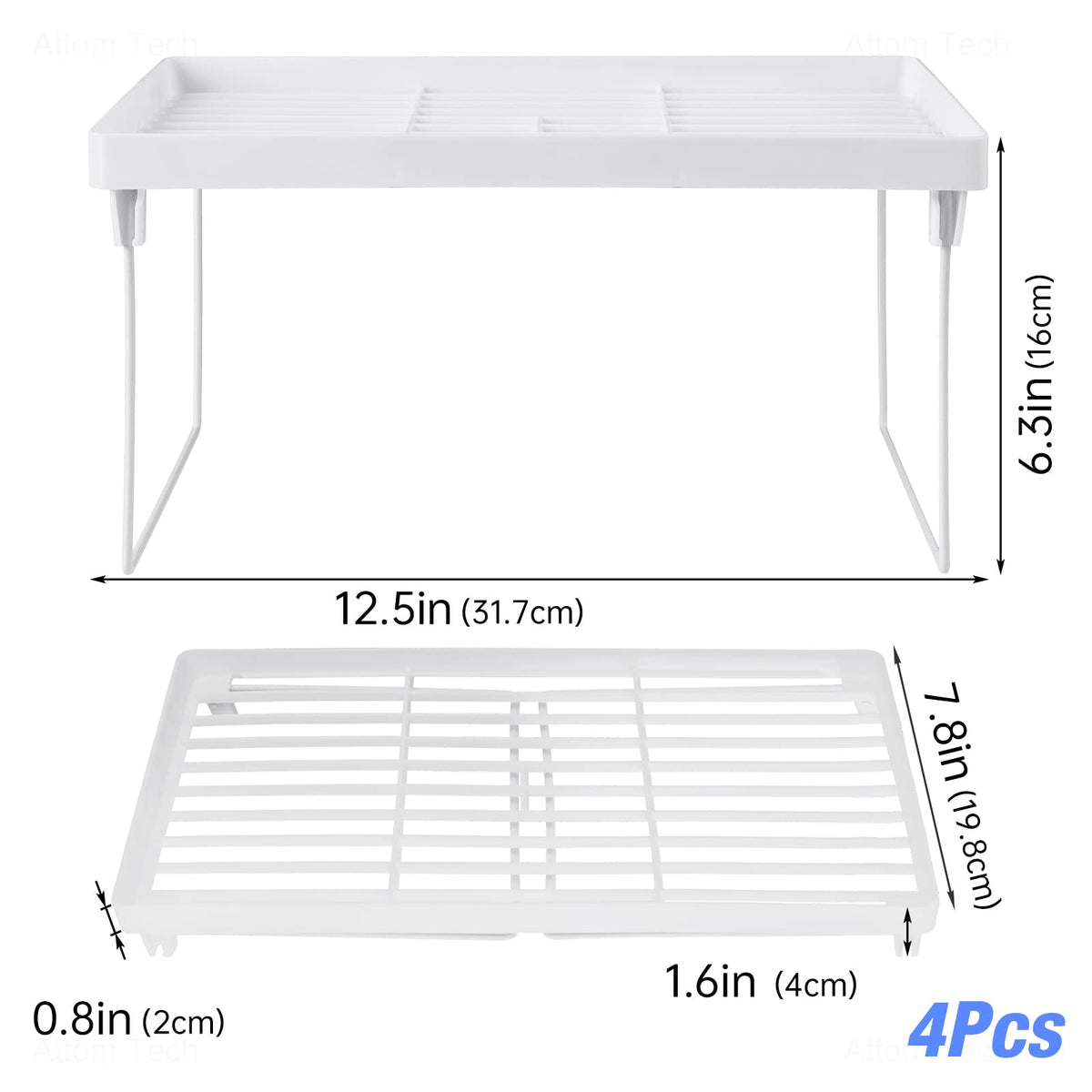 NiHome 4-Pack Stackable Plastic Kitchen Storage Shelf Foldable Rack - White Kitchen Cabinet Organizer and Storage Shelves Stackable Expandable Storage Racks for Counter Cabinet Pantry
