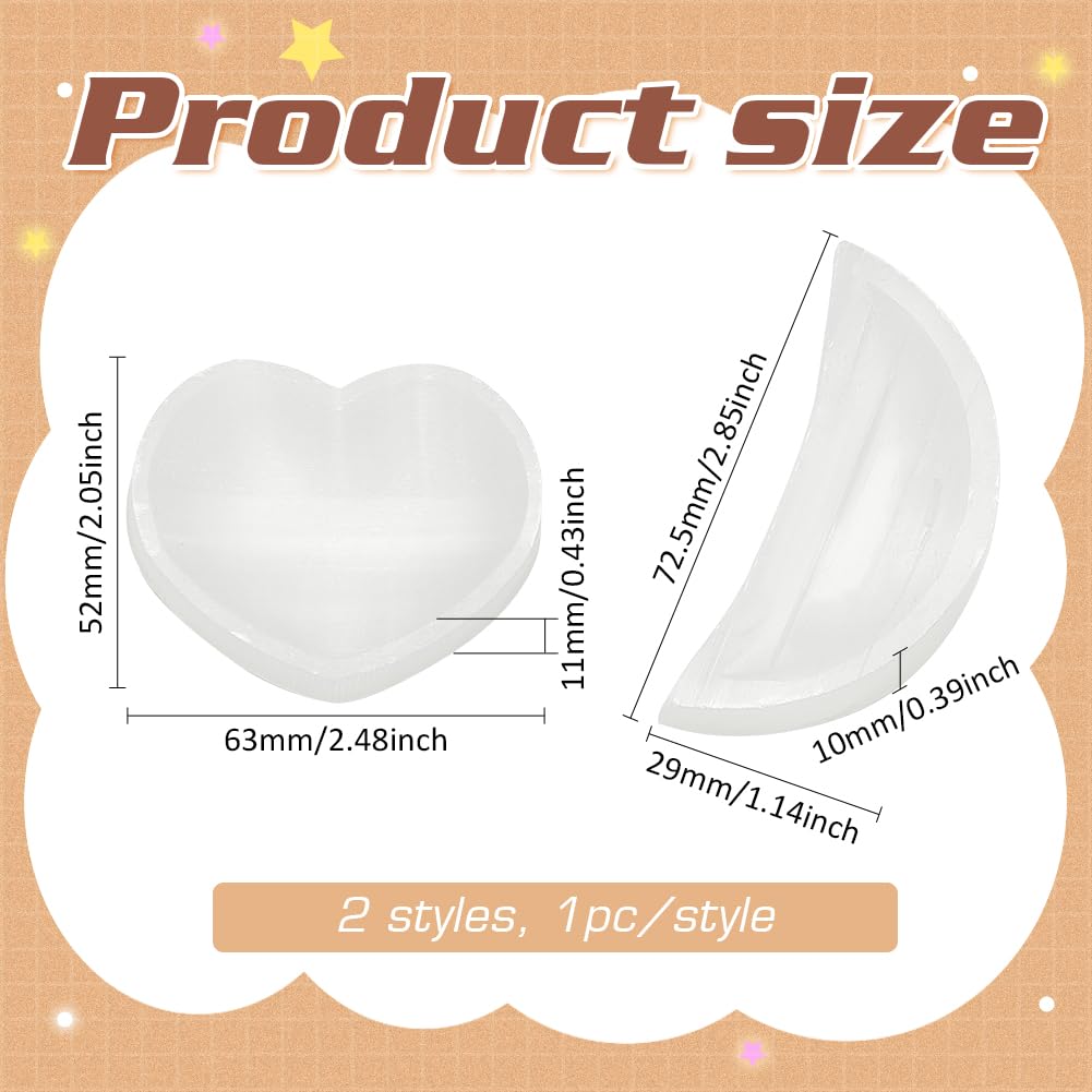 FINGERINSPIRE 2 PCS Selenite Crystal Bowl 2.8 inch Moon Selenite Bowl 2.5inches Heart Selenite Bowl Pure Selenite Smudge Bowl Natural Selenite Crystals Holder for Cleansing Charging Smudging Healing