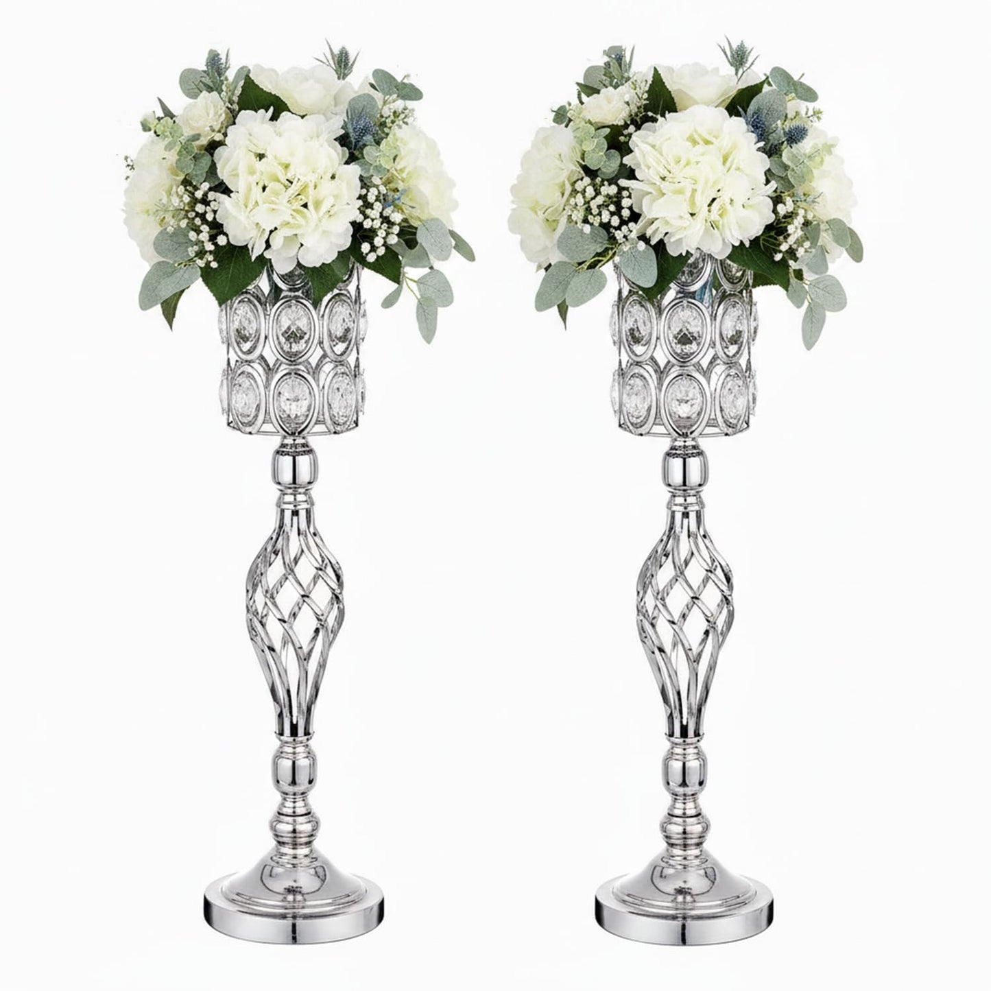 Crystal Wedding Centerpiece Vases for Tables - Set of 2 Metal Silver Vases, 24in Tall Versatile Flower Holders, Elegant Flower Stands for Centerpieces Wedding Party Reception Christmas Home Decor