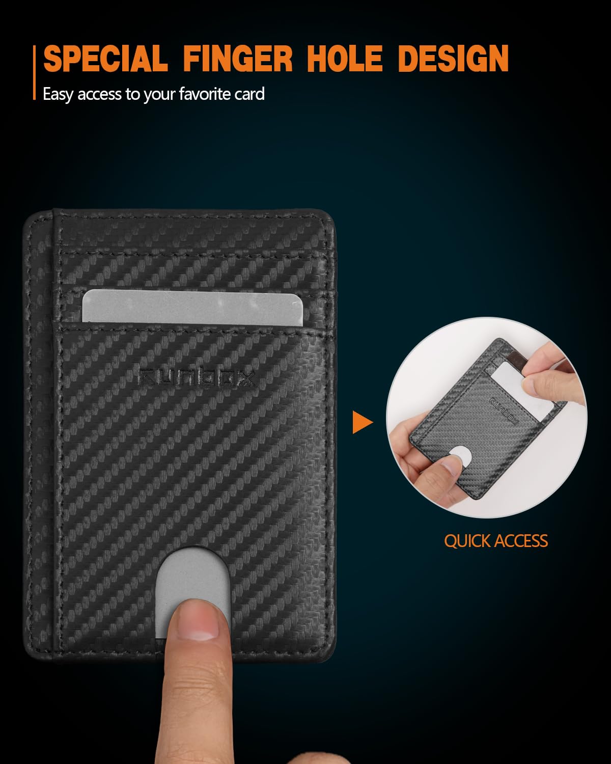 RUNBOX Slim Minimalist Front Pocket RFID Blocking Leather Wallets for Men and Women Card Holder Wallets Gifts for men, 01-Carbon Black, M, Minimalist