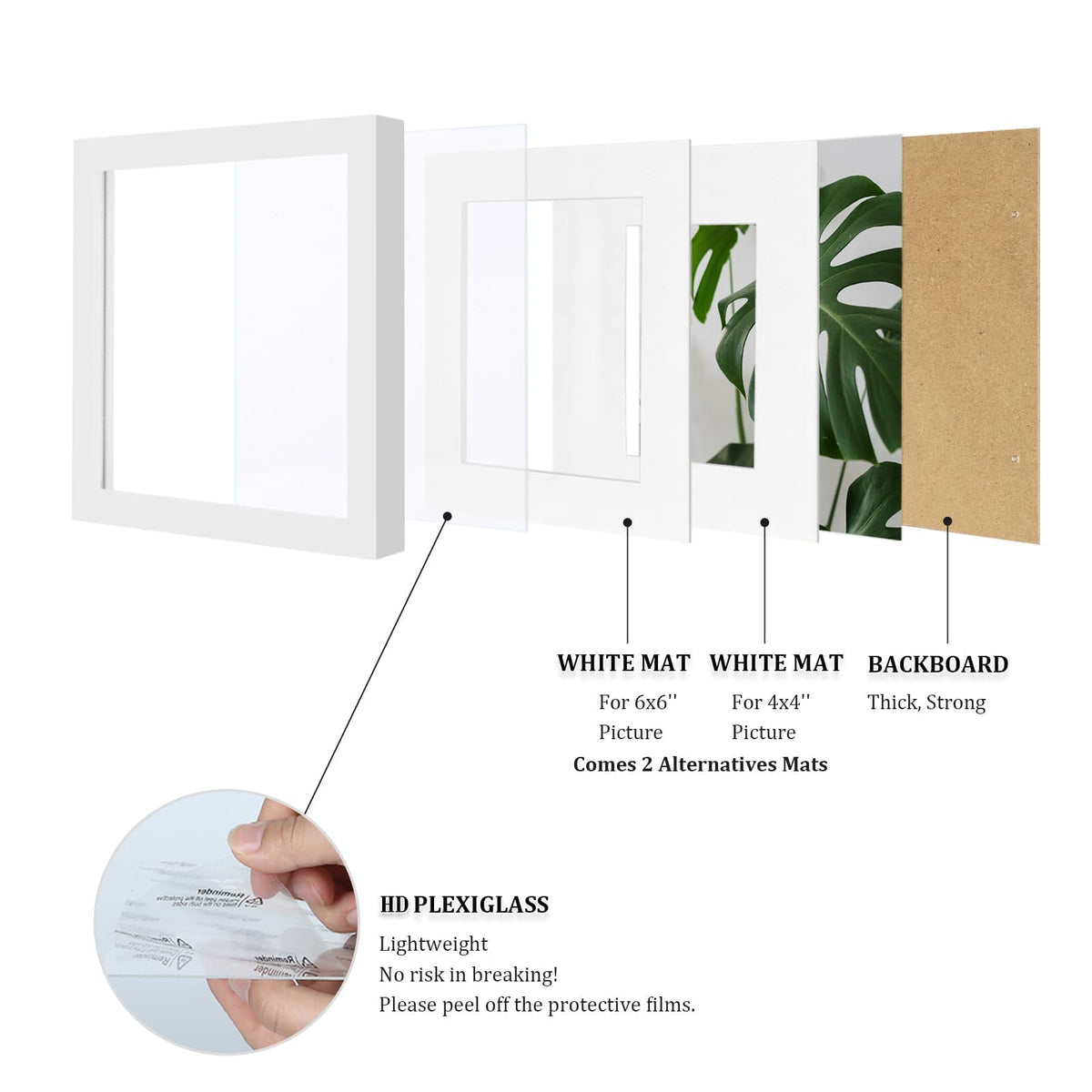 Egofine 8x8 Picture Frames 4 PCS,Solid Wood frame Fits 4x4/6x6 with Mat or 8x8 Without Photo Frame Covered by Plexiglass,for Wall Hanging and Tabletop,Wooden Square Picture Frame,White