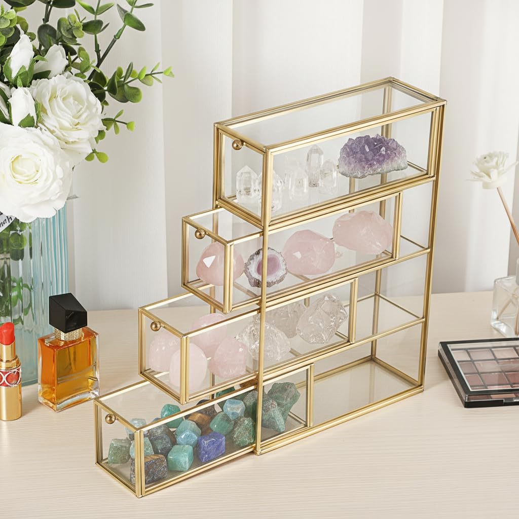 JUXYES Tabletop Brass Glass Rock Display Case with 4 Drawers - Modern Clear Rocks Collections Display Case Box - Gold Dust Proof Case Small Shelf for Collectible, Mineral Crystal, Rock, Stones