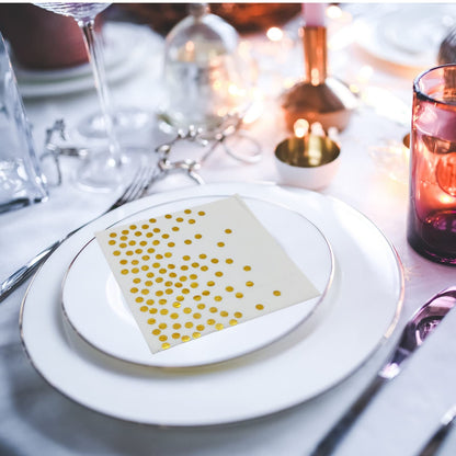 CEILIWEN 50PCS White & Gold Polka Dot Party Napkins, 33x33CM White with Gold Cocktail & Dinner Serviettes
