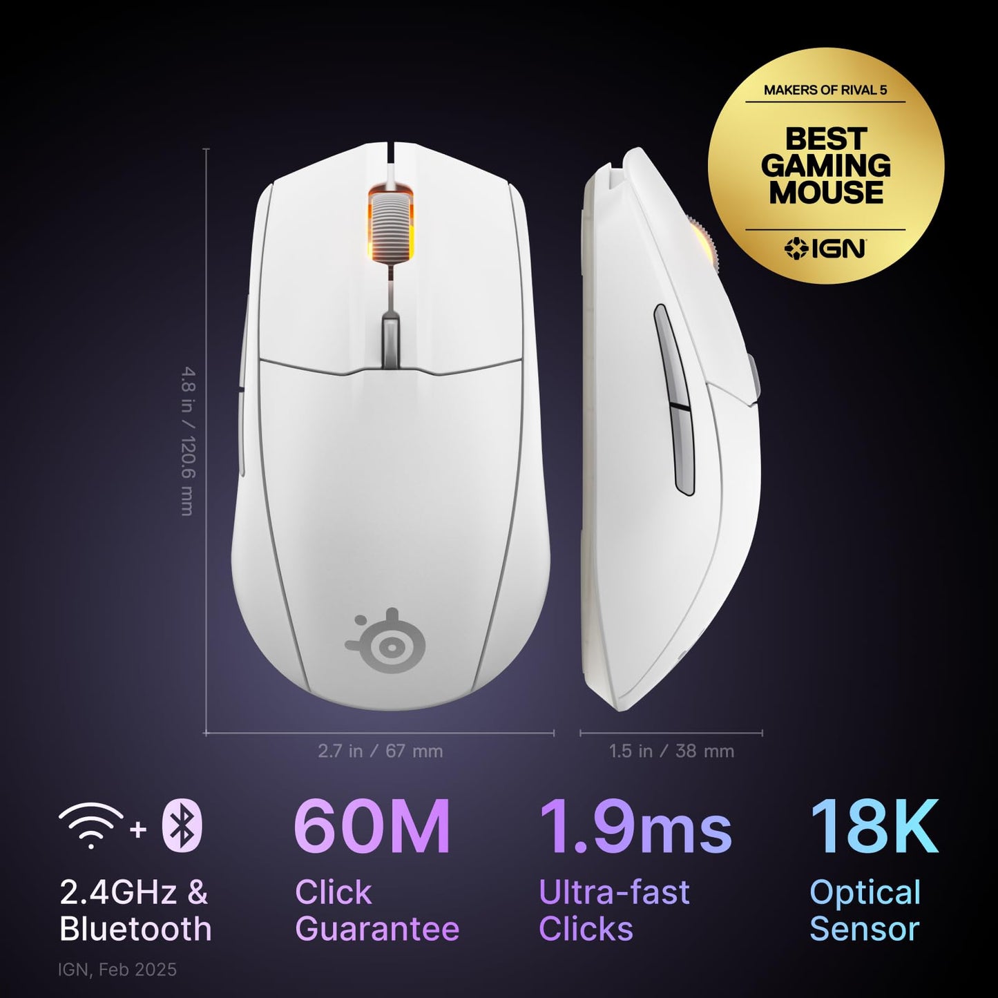 SteelSeries Rival 3 Wireless Gen 2 Gaming Mouse — 2.4GHz and Bluetooth — 18000 DPI TrueMove Air Optical Sensor — 60 Million Click Durability — Light-Weight — 100% PTFE Feet — Black