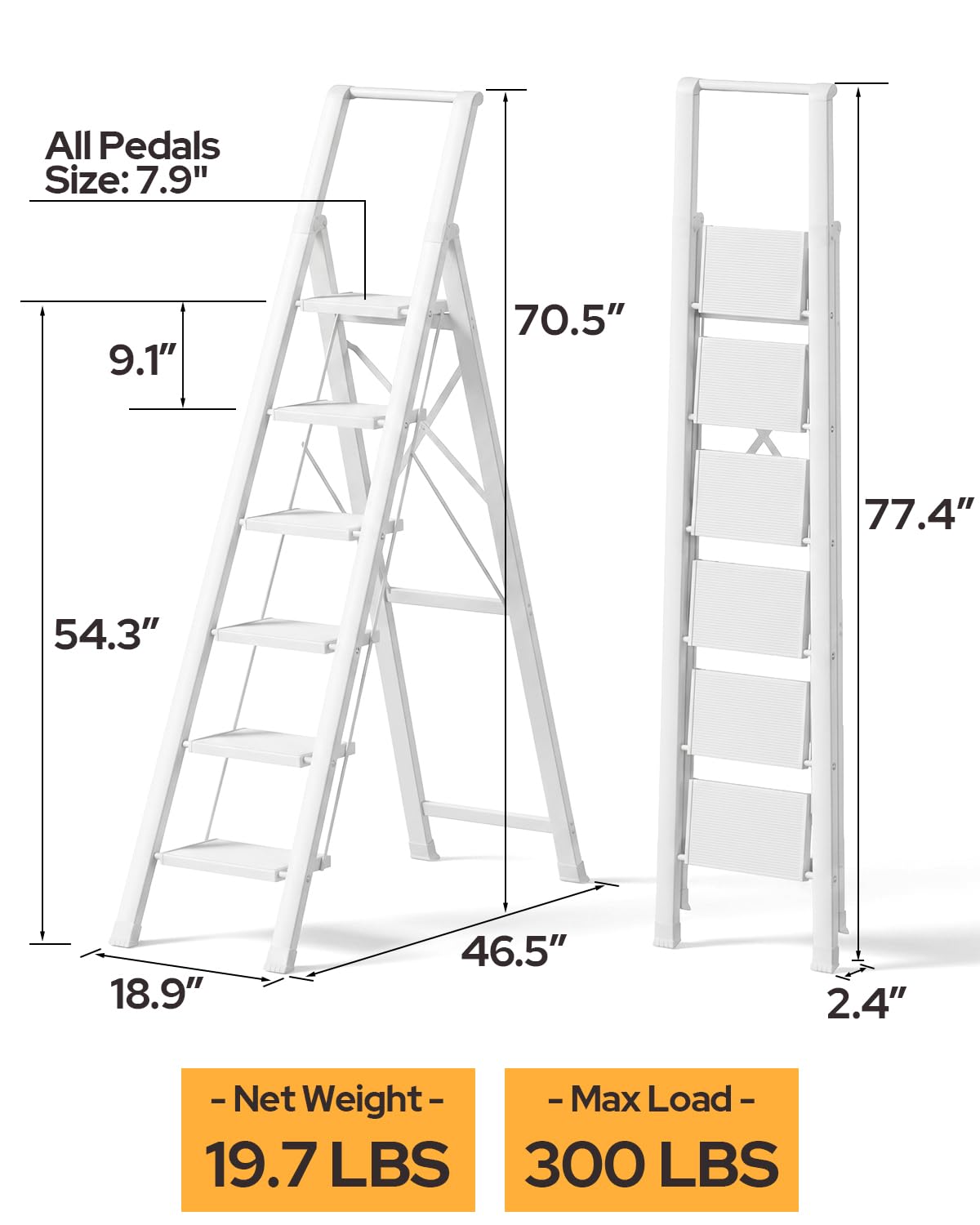 GameGem 6 Step Ladder for 12 Feet High Ceiling, Lightweight Aluminum Folding Step Stool with Convenient Handgrip, Stepladders with Anti-Slip and Wide Pedal for Home Use Space Saving - White