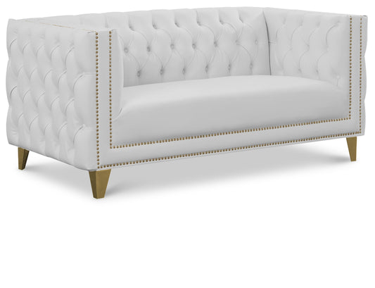 Meridian Furniture 651White-L Michelle Collection Modern | Contemporary Loveseat with Deep Button Tufting, Gold Nailhead Trim and Sturdy Gold Iron Legs, White Vegan Leather, 66" W x 34" D x 30" H