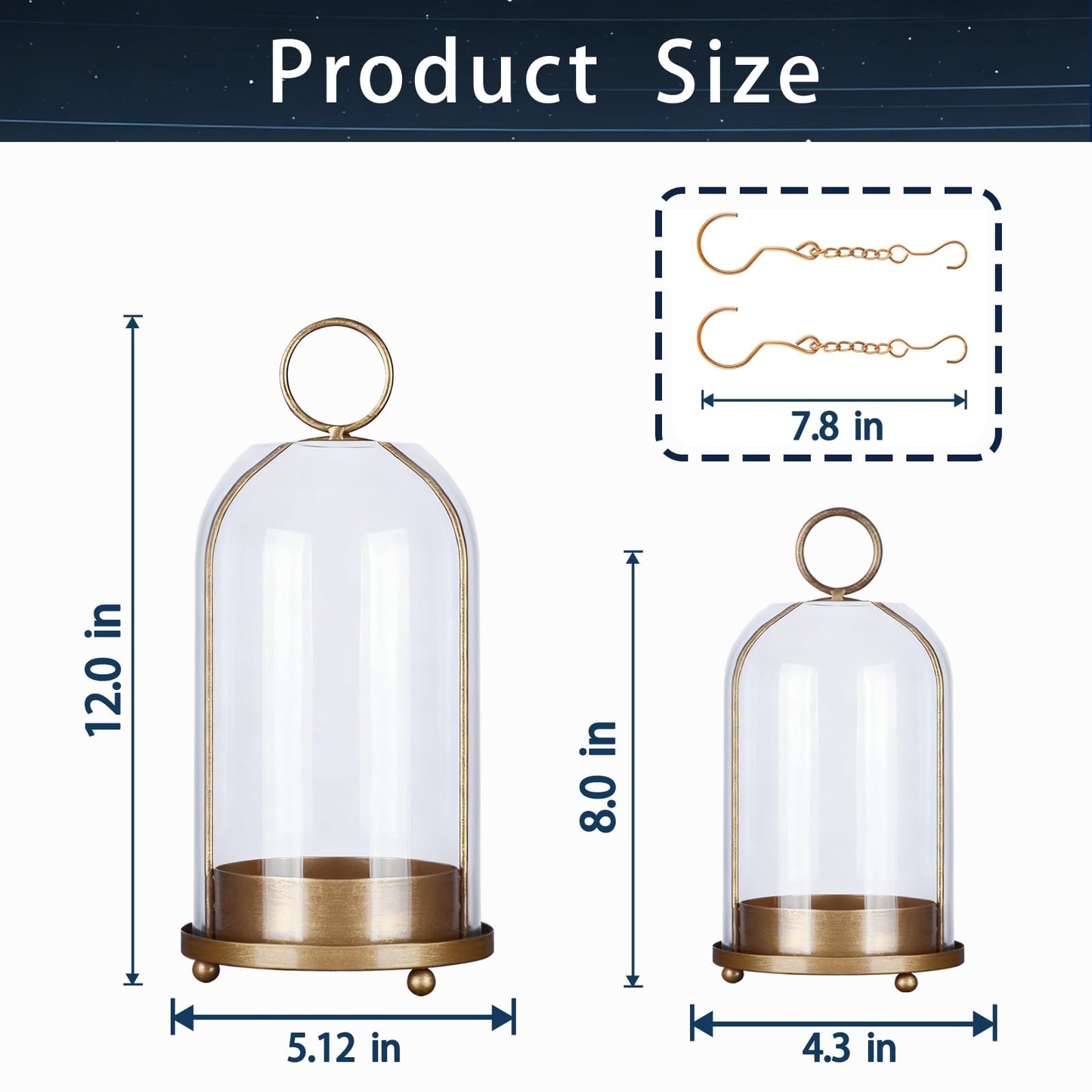 Qxcynb Hurricane Bell Jar Candle Holder Clear Dome Cover Holders with Iron Base Set of 2 Vintage Pillar Glass Candles Cloche for Tabletop Centerpieces or Hanging (1, Gold)
