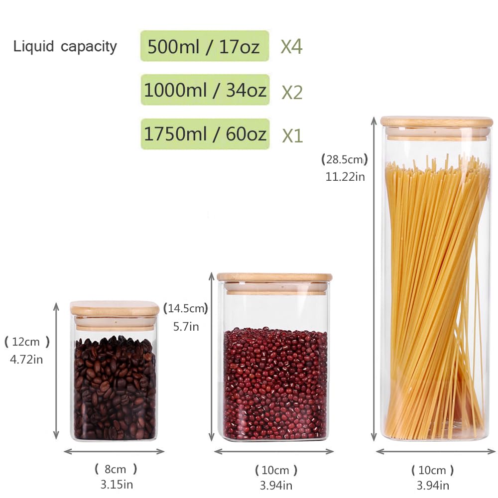 LEAVES AND TREES Y Glass Storage Canister with Wooden Lid, Set of 7 Square Glass Jars with Bamboo Lids, Glass Food Storage Containers for Pasta, Cereal, Flour, Sugar, Best for Kitchen & Pantry