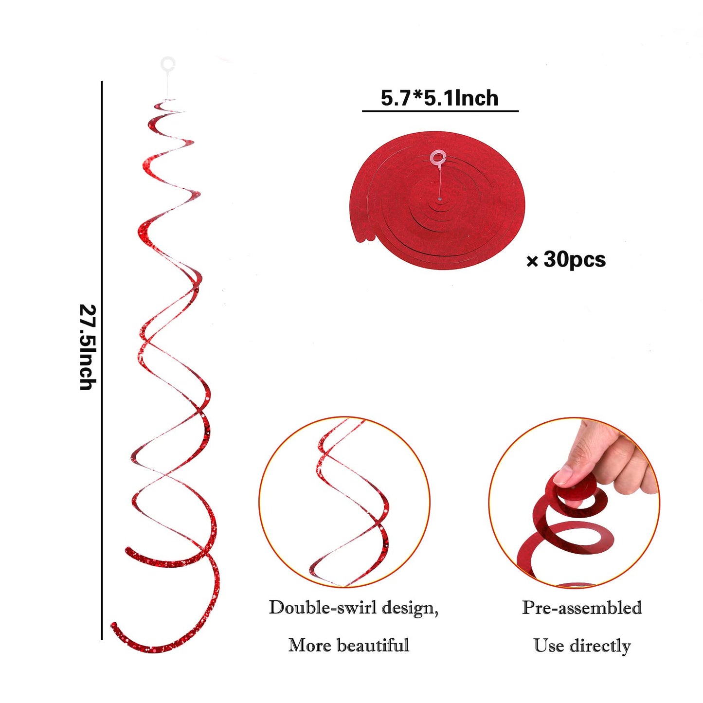 30 Pcs Red Party Hanging Swirl Decorations Plastic Streamer for Ceiling Spiral Decorations Garland for Birthday Wedding Bridal Shower Baby Shower