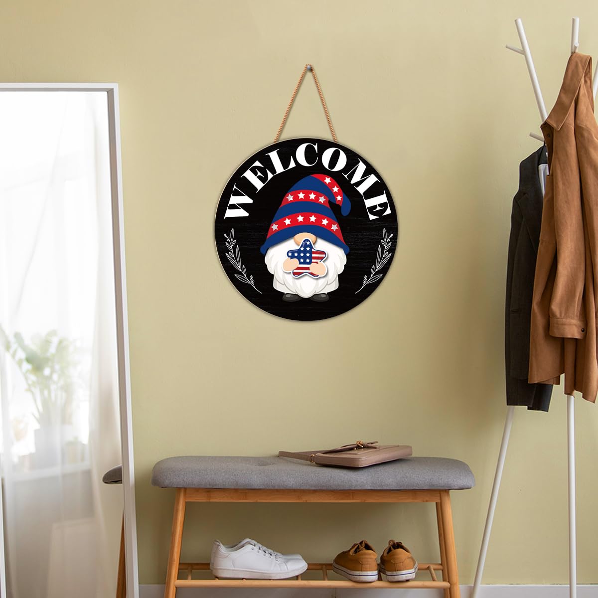 Interchangeable Gnome Welcome Sign Summer Patriotic 4th of July Porch Decor, Changeable Wood Gnomes Front Door Decoration Wreath Hanger for Spring Fall Winter All Seasons Holiday, Black and White