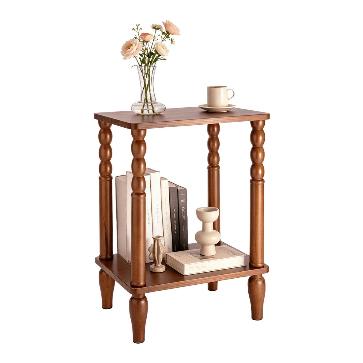 Lampaggio Solid Wood End Table with Storage Shelf, 2-Tier Small Side Table with Vintage Spindle Legs, Narrow Nightstand for Living Room, Bedroom & Small Spaces, Easy Assembly (Brown)