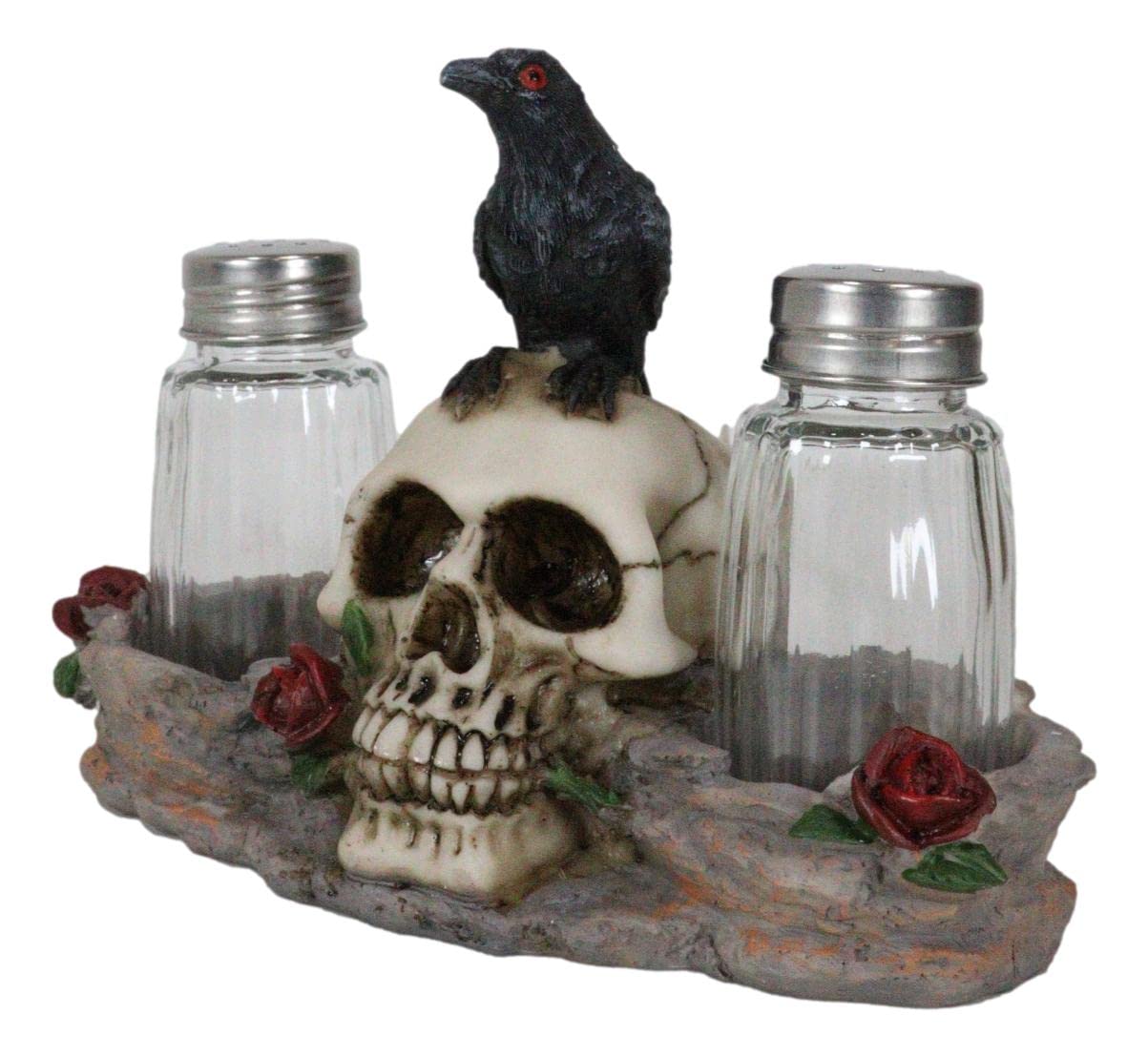 Ebros Day Of The Dead Raven Crow With Rose Skull Salt And Pepper Shakers Holder Figurine Set 6.25"L Halloween Graveyard Spooky Macabre Skulls Skeletons