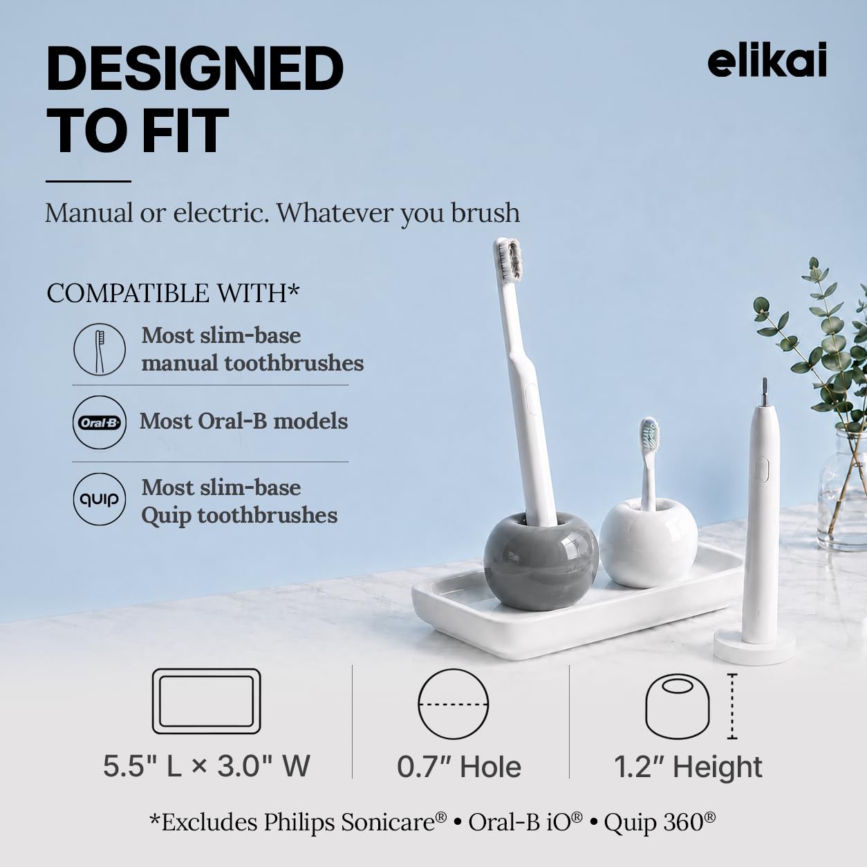 ELIKAI Ceramic Toothbrush Holders with Bathroom Tray, Countertop Organizer for Toothbrushes and Accessories, Hygienic Individual Holder Set (Grey & White, 2 Holders)