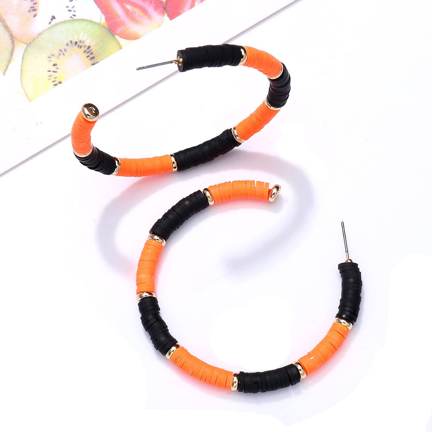 NVENF Halloween Earrings for Women, Spooky Orange Black Heishi Caly Beaded Hoop Earrings Halloween Accessories Outfit Gifts (Orange Black)