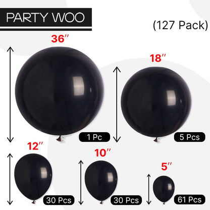 PartyWoo Black Balloons 127 pcs Different Sizes Pack of 36 18 12 10 5 Inch Matte Black Latex Balloon Arch Kit Garland for Graduation Halloween New Year Anniversary Birthday Party Decorations Black-Y18