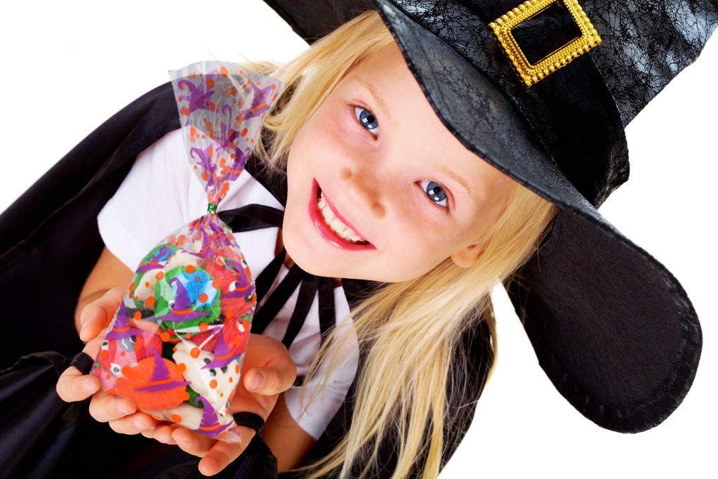 DIYASY 150 Pcs Halloween Cellophane Treat Bags, Clear Candy Bags Plastic Bats Pumpkin Bag Witch Goody Bag with 300 Twist Ties for Kids Party Favor