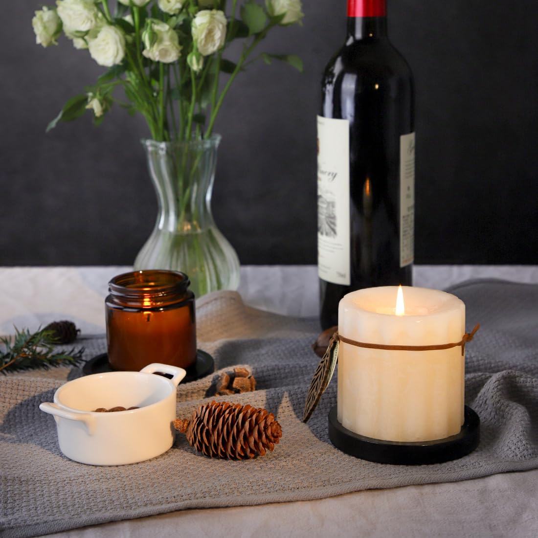 Black Wood Candle Holder - HALE OTEIR Wooden Pillar Candles Tray, Set of 4 Round Wooden Plate Pedestal Stand for Floating or Pillar Candles, Coffee Table Centerpiece for Home Decor