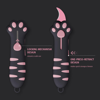 MEOWKIT Cat Paw Box Cutter Retractable with Cat Paw Handle, Multifunctional Knife Set (Black)