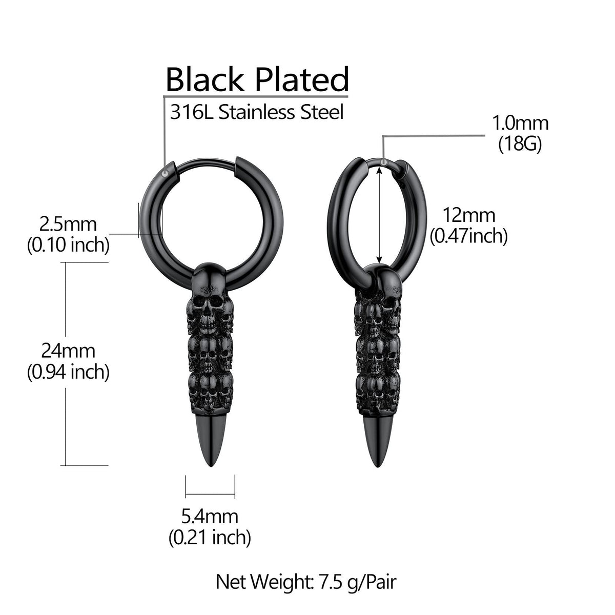Black Skull Huggie Hoop Earrings Punk Gothic Dangle Skull Bullet Earring for Men Halloween Jewelry