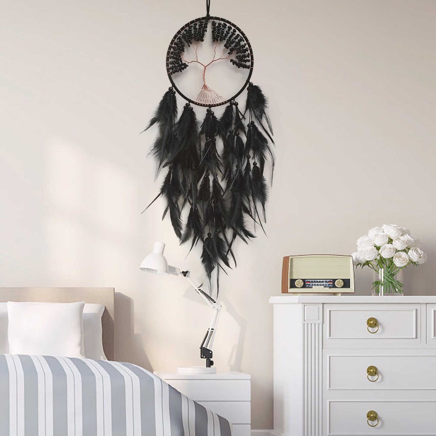 RAGKUU Black Dream Catcher Wall Decor Crystal Tree of Life Dream Catchers Handmade Feather Dreamcatcher Wall Hanging Ornament for Bedroom Living Room Home Decor