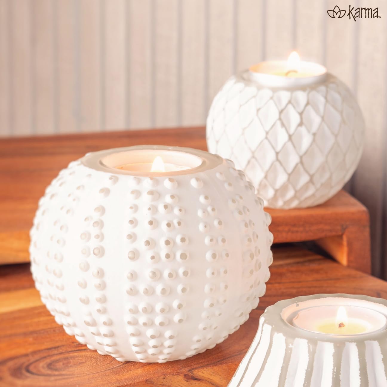 Karma, Boho Fluted Pyramid Tealight, Votive Candle Holder, Glass Votive Candle Holders for Table Decorations, Beach Party and Coastal Home Decor, White