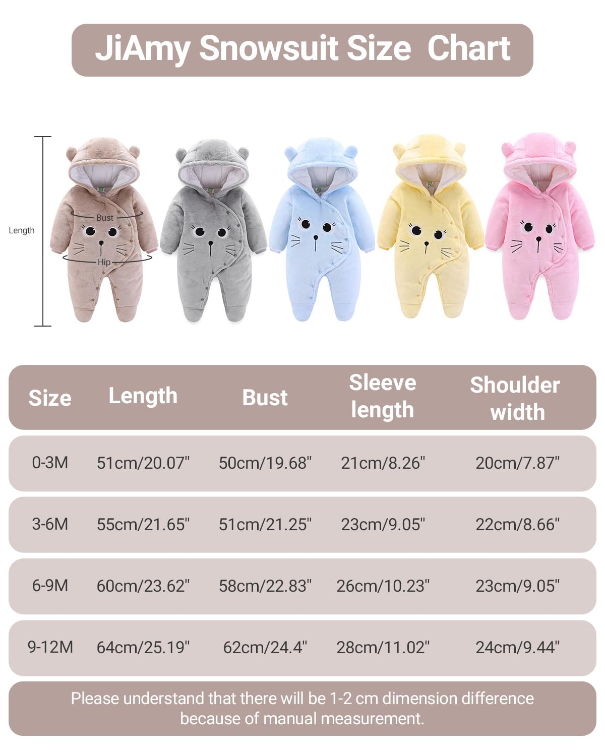 Baby Winter Hooded Romper Fleece Snowsuit Jumpsuit Cartoon Cat Outfits Coffee, Brown, 3 - 6 Months