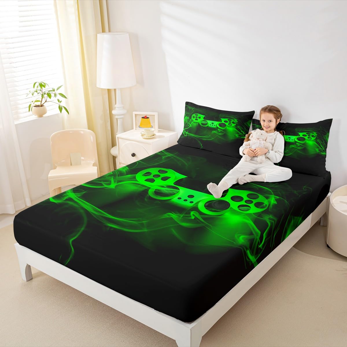 Gamer Fitted Sheet Set Twin Size for Boys Gaming Fitted Bed Sheets for Kids Boys Gamer Room Decor Black Green Smoky Gamepad Games Deep Pocket Trippy Geometric No Top Flat Sheet with 1 Pillow Case