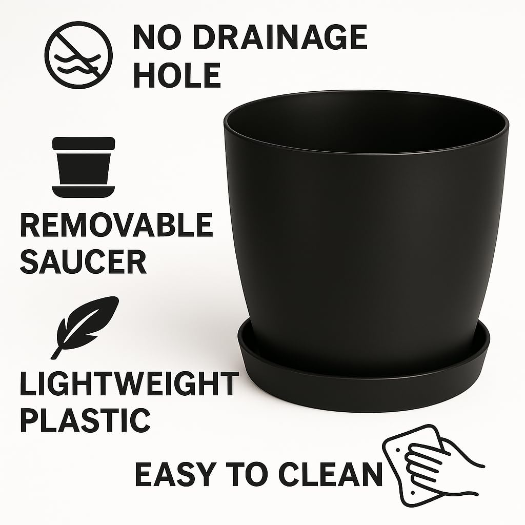 Home Garden Ornaments Plant Pots Indoor, Indoor Plant Pot - Decorative Flower Pots with Mat Surface and Plant Pot Saucer (Diameter: 16cm, Colour: Black)