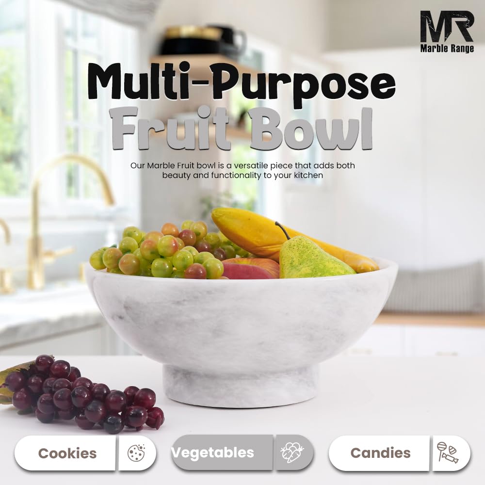 Marble Fruit Bowl For Kitchen Counter White 10" Inch Handmade Fruit Dish, Decorative Bowls For Entryway Table, Modern Candy Bowl For Kitchen Storage