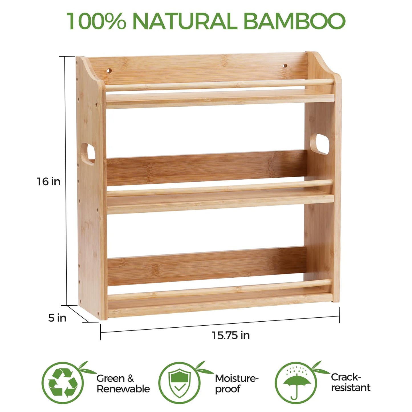 Bambition Bamboo Spice Rack Organizer, 3 Tier Spice Storage Rack with Handles, Wood Seasoning Jars Shelf for Kitchen Counter, Pantry or Wall Mounting