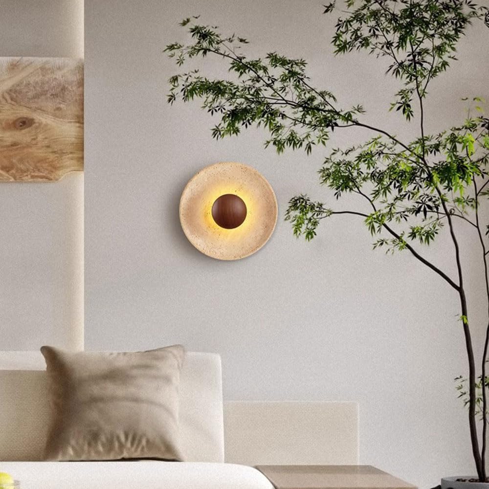 WFZRXFC Wall Sconce American Retro Minimalism Wall Light Round Yellow Travertine Interior Wall Lamp 7W LED Warm Light 3000K travertine sconce Wooden Decoration Living Room Wall Lighting