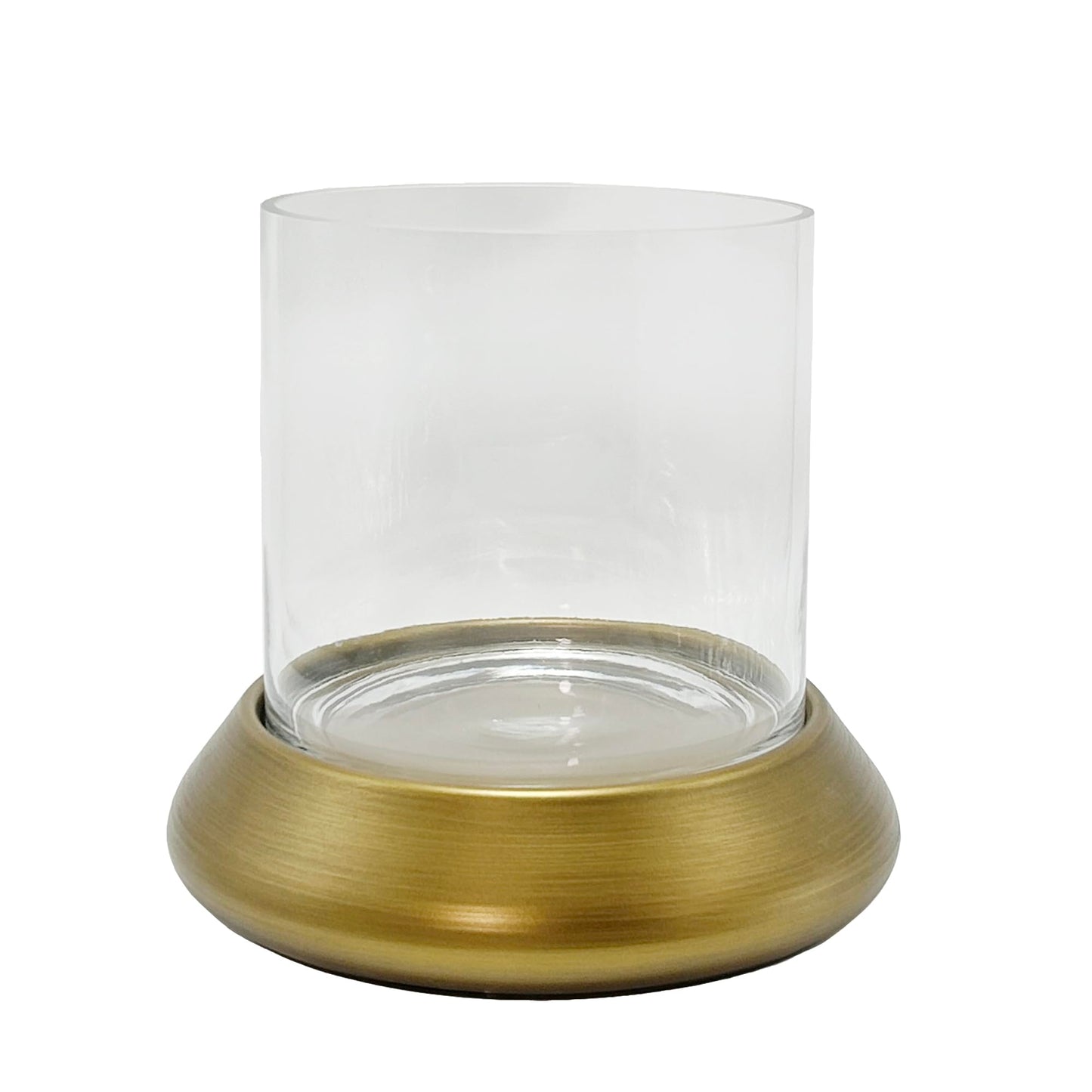 10.5" Farmhouse Glass Hurricane Candle Holder & Glass Vase with Metal Base in Antique Brass for Pillar & Flower Arrangement, Candlestick Holder, Terrarium, Centerpiece, Console, Dining Table, Mantel