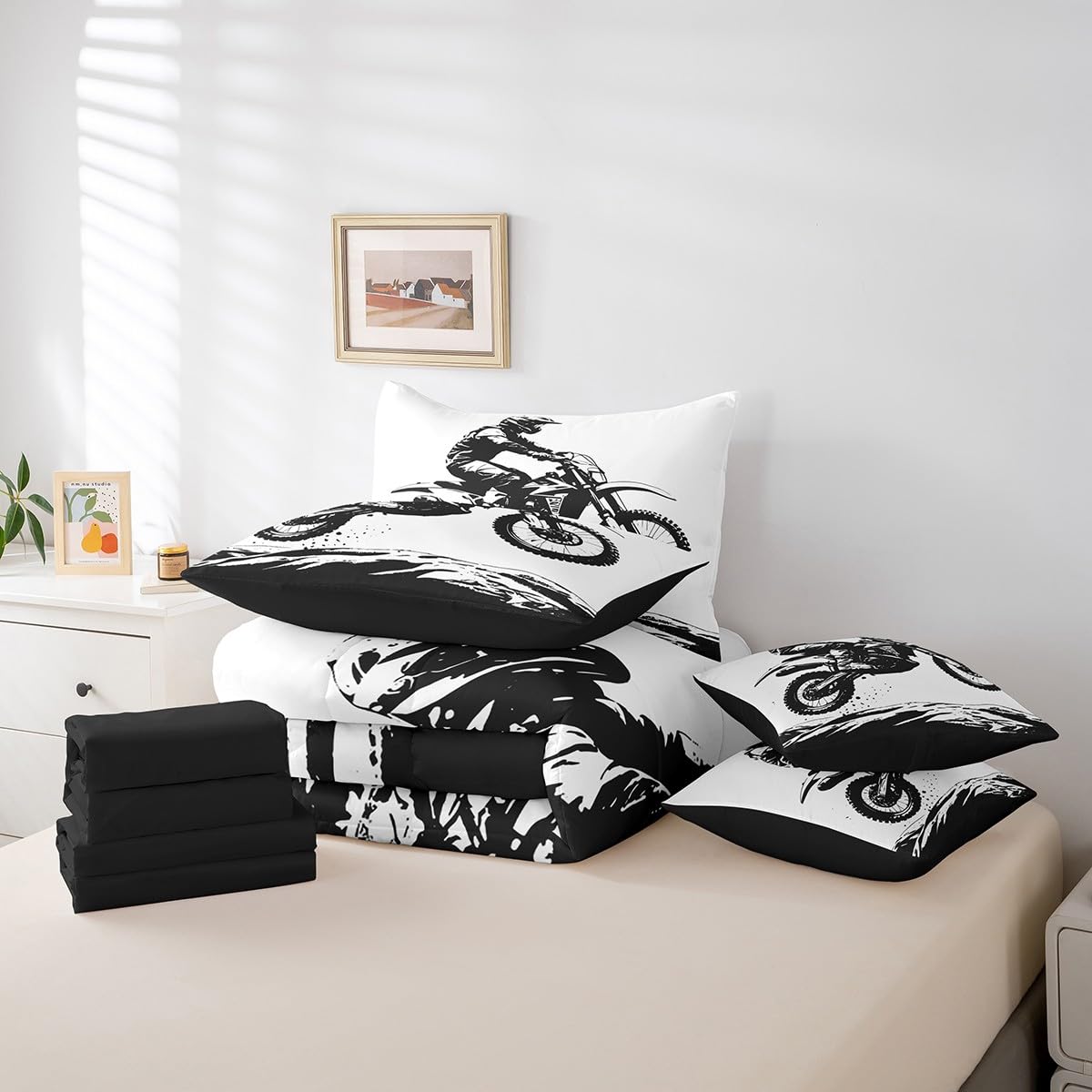 Erosebridal Teens Dirt Bike 7 Pcs Comforter Set Twin Size Motocross Rider Bedding Sets for Kids Boys Teens Adult Motorbike Extreme Sport Bed in A Bag Motorcycle Grunge Sheet Set